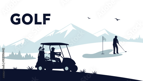 Golf course landscape featuring a player putting on the green and another person in a golf cart with mountains in view.