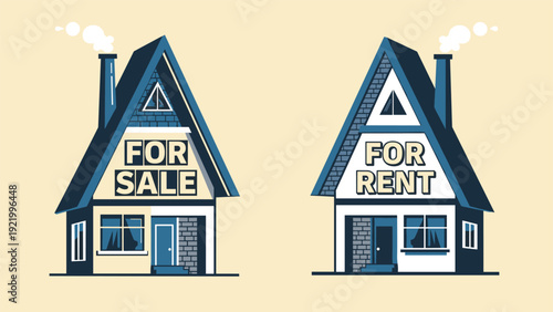 Real estate market concept showing two houses with signs for sale and for rent highlighting housing options for buyers.