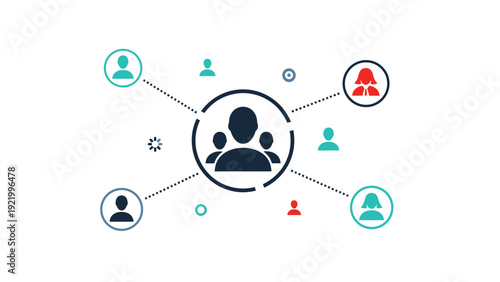 Social networking diagram showing a central user group connected to various individuals through dotted lines and icons.