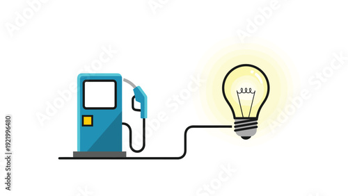 Energy conversion concept showing a gas station pump nozzle connected to a glowing yellow light bulb on white background.