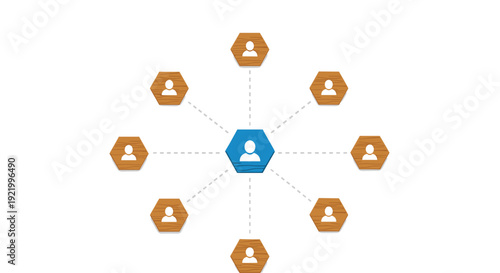 A central blue hexagon containing a person icon is interconnected by dashed lines to seven surrounding wooden hexagon person icons on a white background.
