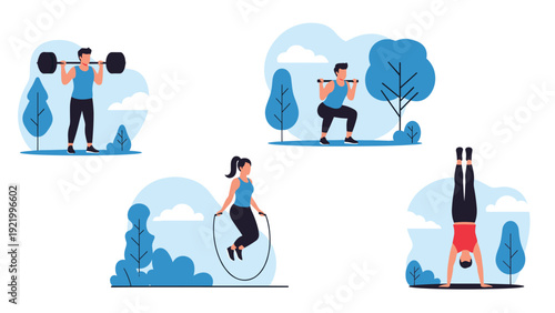 Variety of fitness characters performing different exercises including weightlifting, jumping rope, and handstands for health.