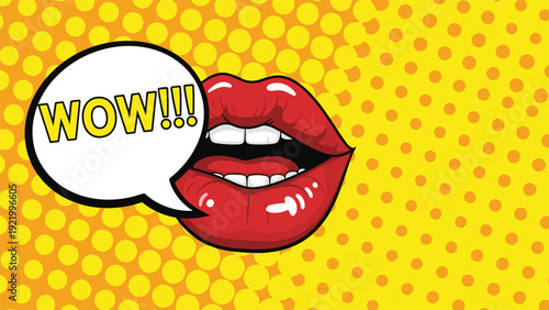 Pop art style illustration of glossy red lips with white teeth and a speech bubble containing the word wow on a dot background.