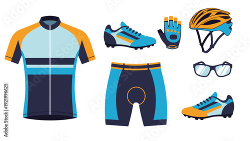 Complete set of cycling gear including a professional jersey, shorts, helmet, shoes, gloves, and protective eyewear for riders.