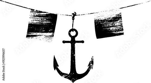 Nautical anchor emblem with banners in high contrast black and white design