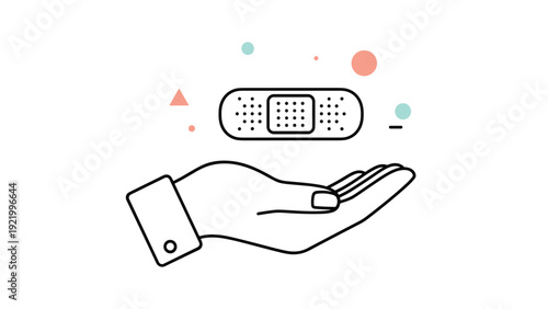 Minimalist line art illustration of a hand holding an adhesive bandage with small colorful geometric shapes in the background.