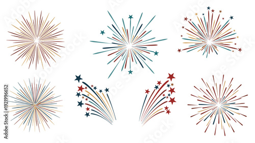 Set of diverse firework bursts in shades of red and blue featuring various shapes and trail patterns for celebration designs.