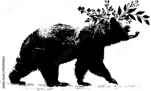 Majestic bear with laurel wreath ink drawing for design art