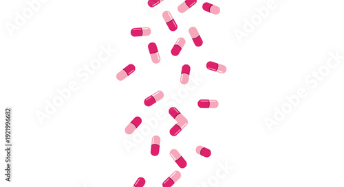 Many pink and red pharmaceutical capsules are depicted falling freely in a scattered pattern against a clean white background.