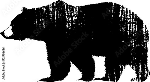 Vintage bear silhouette with banner emblem in high contrast black and white ink design