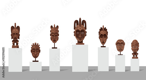 Seven distinct dark brown wooden tribal masks and traditional figurines are neatly arranged on individual white pedestals in a clean gallery space.