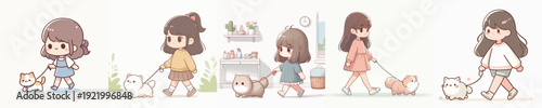 A Girl Walking a Cat Vector Illustration