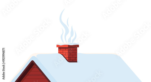 A red brick chimney stands on a snow-covered red roof, with a single, light plume of smoke rising gently into the bright white sky.