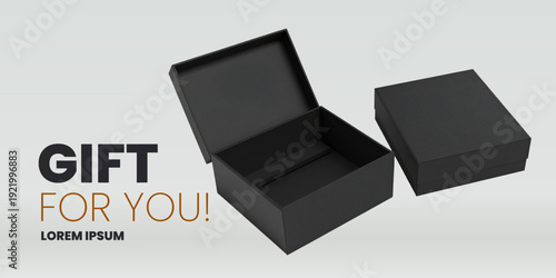 Open Black Gift Box Mockup with Lid Packaging Template
