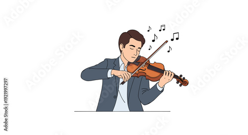 A young male musician in a suit intently plays a brown violin with a bow, generating musical notes floating above his head.