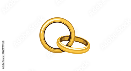 Two shiny gold wedding bands are interlocked and positioned slightly askew on a clean white background, creating a simple and elegant display.