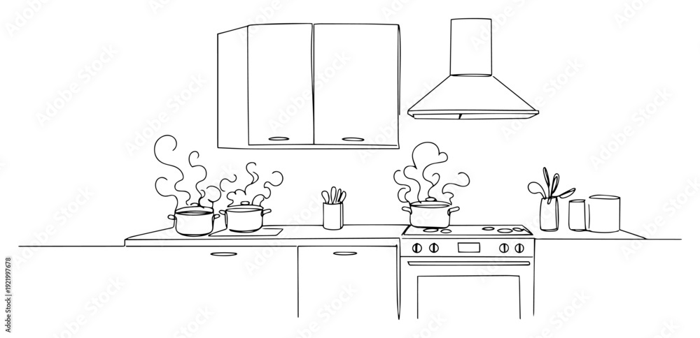 Fototapeta premium Modern kitchen interior with steaming pots on stove and cabinets in continuous line art style