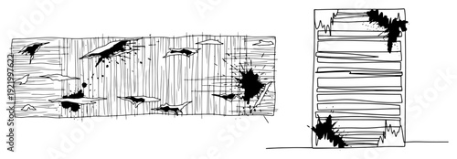 Weathered wood planks and shutters with ink stains and rustic distressed look