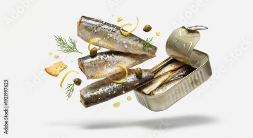 Fresh sardines in open tin can with lemon and dill on white background