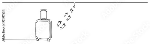 Travel suitcase with footprints leading away in continuous line art for vacation and journey concept