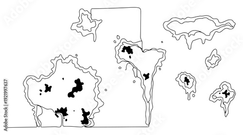 Abstract organic shapes and ink splatters with hand drawn puddle outlines and liquid blobs