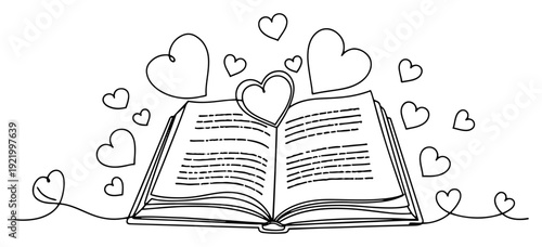 Open book with flying hearts representing love for reading and romantic stories