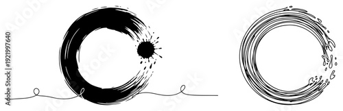 Zen circle brush stroke with ink splash and water ripple effect