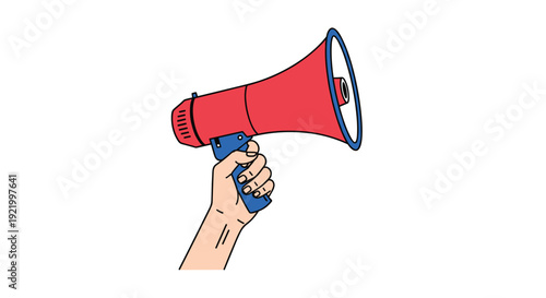 A person's hand firmly grasps a vibrant red and blue megaphone, extending it forward as if to speak loudly, set against a pristine white background.