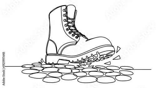 Heavy duty work boot stepping on stones for construction safety and industrial strength concept