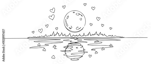 Romantic night landscape with full moon reflection on water and floating hearts in line art