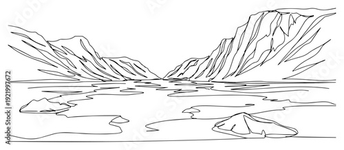 Mountain lake landscape panorama with majestic peaks in continuous line art style