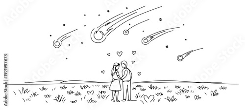 Romantic couple watching meteor shower and falling stars in meadow under night sky line art