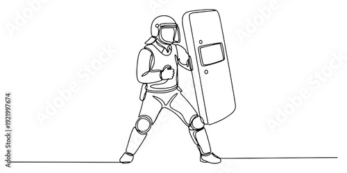 Riot police officer with protective shield and helmet in continuous line art style