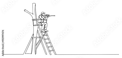 Hunter sitting on high hunting stand tower aiming rifle for sport or forest management concept