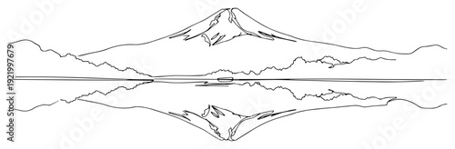 Mount Fuji reflection in lake with mountain landscape panorama in continuous line art style