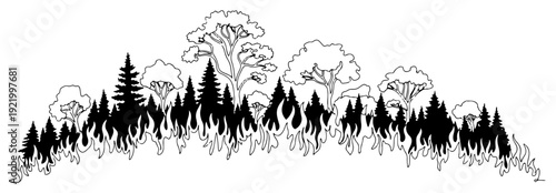 Forest fire wildfire burning trees during ecological disaster and environmental crisis line art