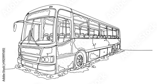 Frozen bus covered in snow and ice during extreme winter blizzard conditions line art