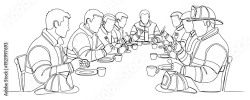 Firefighters team eating dinner together at table in fire station continuous line art