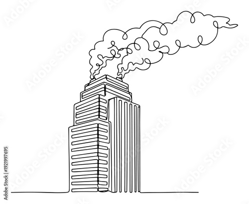Industrial skyscraper building with heavy smoke and air pollution emissions line art