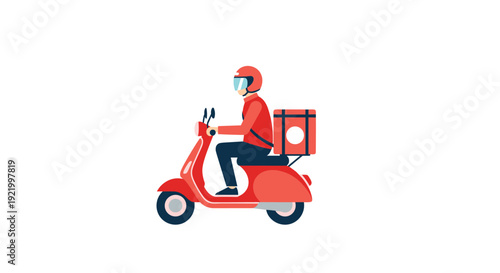 A side view illustration of a delivery person in a red uniform and helmet riding a classic red scooter with a box for package delivery.