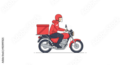 A side view illustration of a delivery man in a red jacket and helmet riding a robust red motorcycle equipped with a rear delivery box.