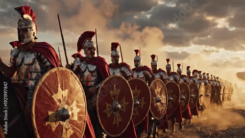 Ancient Roman Legion marching into epic battle formation for historical military documentary with dramatic sunset lighting