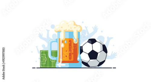 A large glass mug overflowing with foamy beer sits next to a classic soccer ball, with a stadium, field, and cheering crowd in the background.