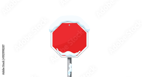 A clear red octagonal stop sign with a fresh layer of white snow accumulated on its top edge stands on a simple white background.