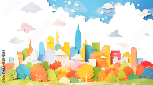 カラフルな都市のスカイラインのペーパークラフト風イラスト 背景素材