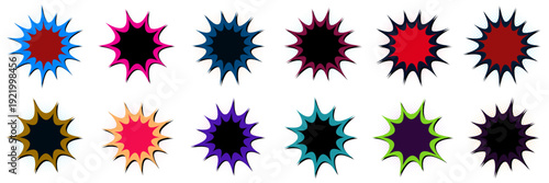 Colorful comic book explosion speech bubbles for retro pop art design and social media marketing graphics