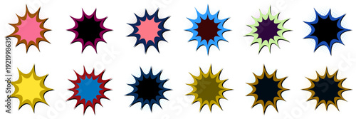 Colorful vintage superhero action starburst shapes and comic speech bubbles for digital marketing