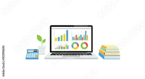 A modern laptop displaying colorful financial charts and graphs sits centrally on a desk, flanked by a calculator, a small potted plant, and a stack of books, all on a white background.