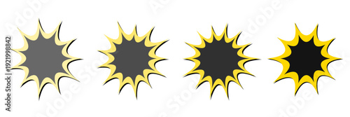 Set of four vintage comic book action burst icons with yellow borders for pop art and retro graphic design