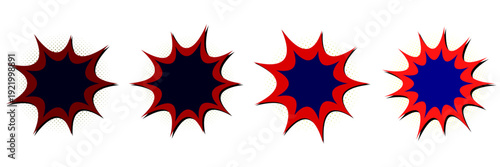 Set of four red and blue jagged comic book starburst frames for retro pop art superhero action graphics